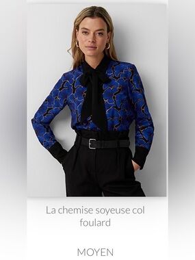 Simons Blue Floral Tie-Neck Blouse with Black Trim